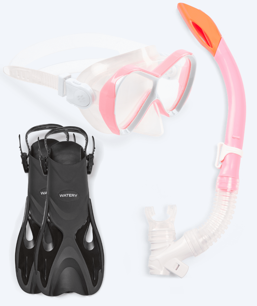 Watery Fisher Triton snorkelsæt til børn i lyserød, komplet sæt med maske, semi-dry snorkel og finner