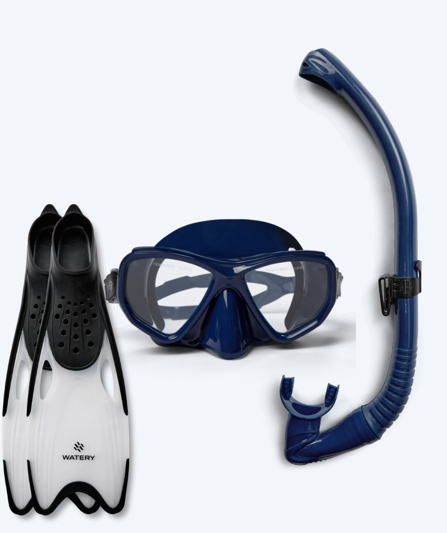 Watery snorkelset Fenton/Rilian för vuxna från 15 år i mörkblå och svart, med mask, snorkel och fenor
