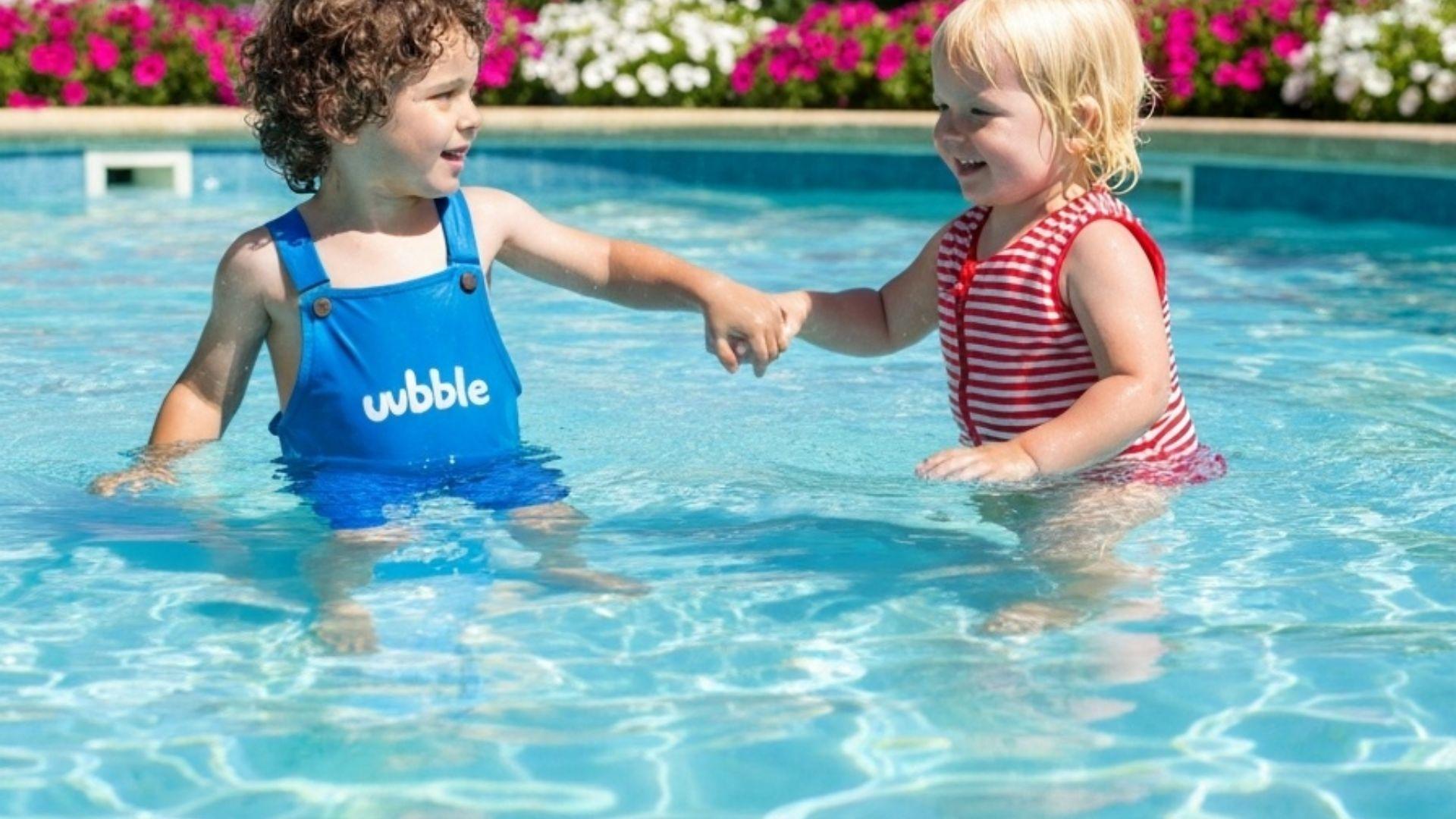 Barn med puddle jumper och simväst i pool