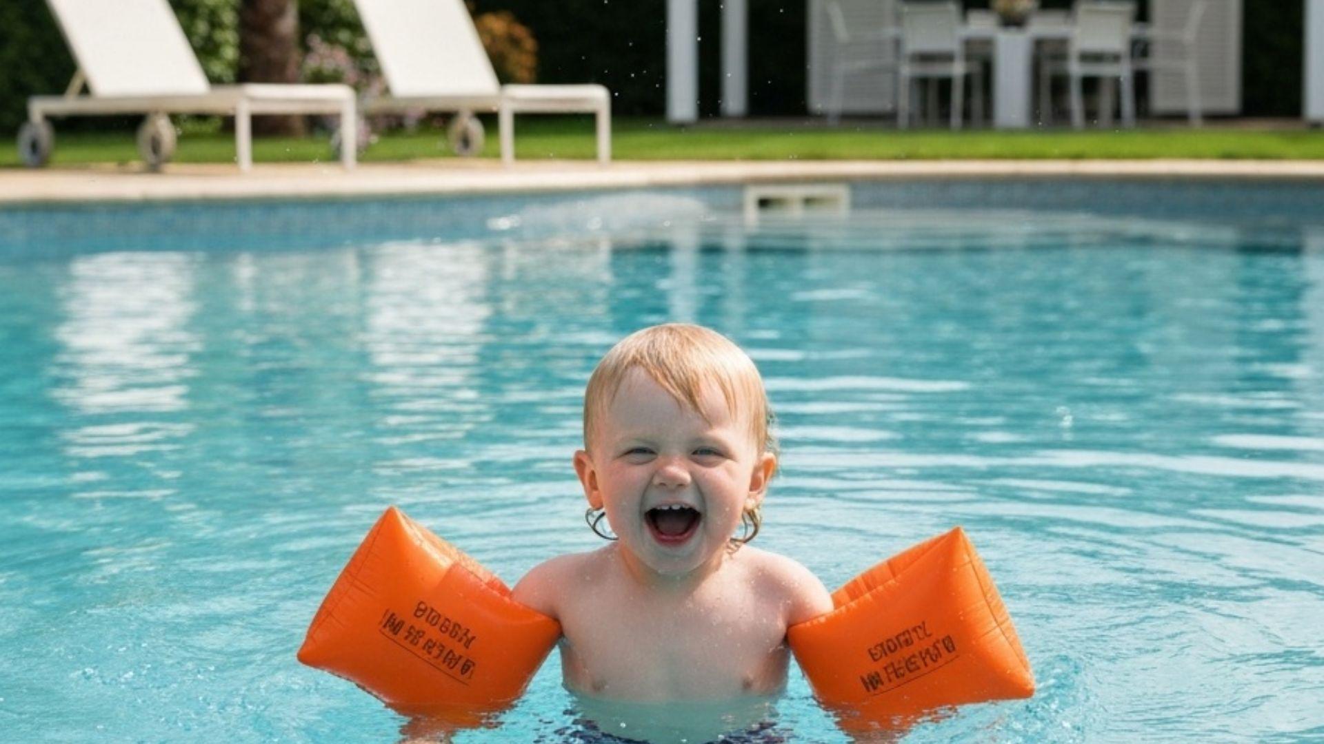 Litet barn med armpuffar i pool