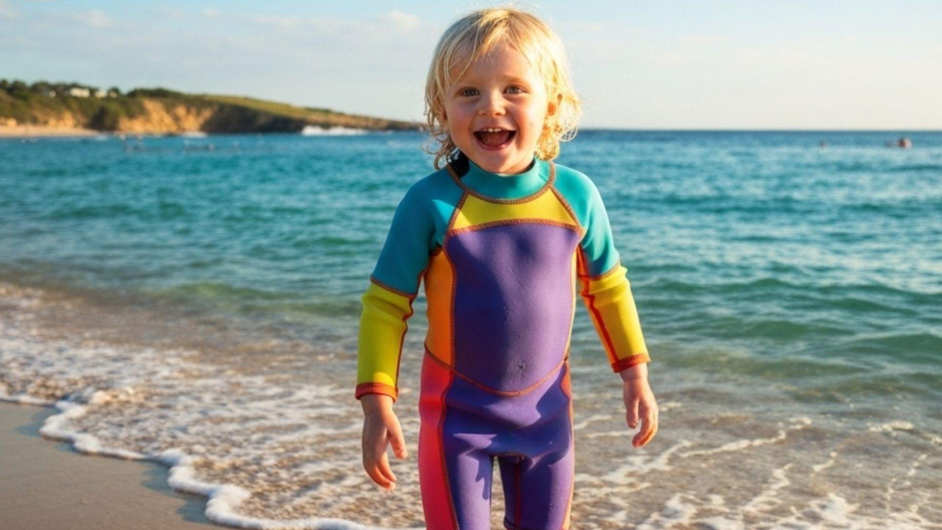 Barn i farverig våddragt på strand